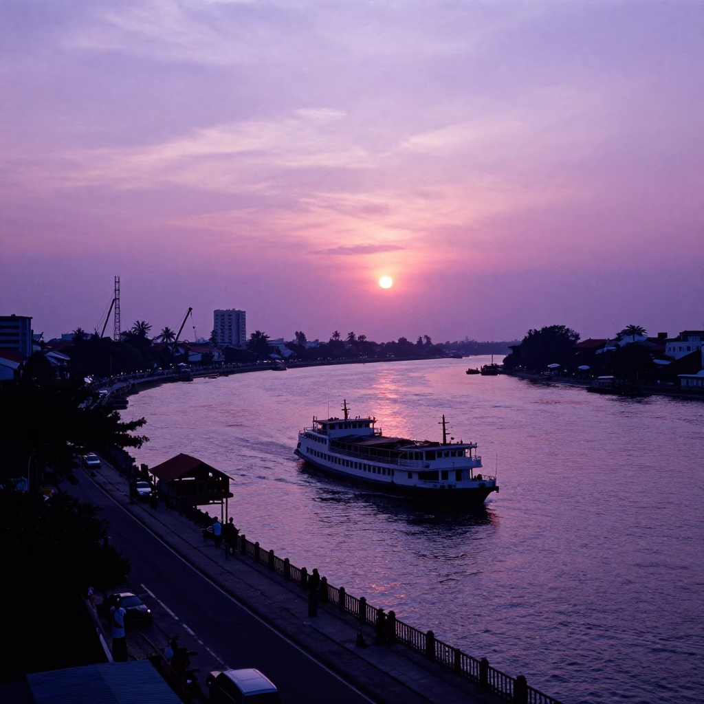 Surabaya Indonesia Sunset Street Scene with Steamboat and Construction Activity in in Surabaya, Indonesia