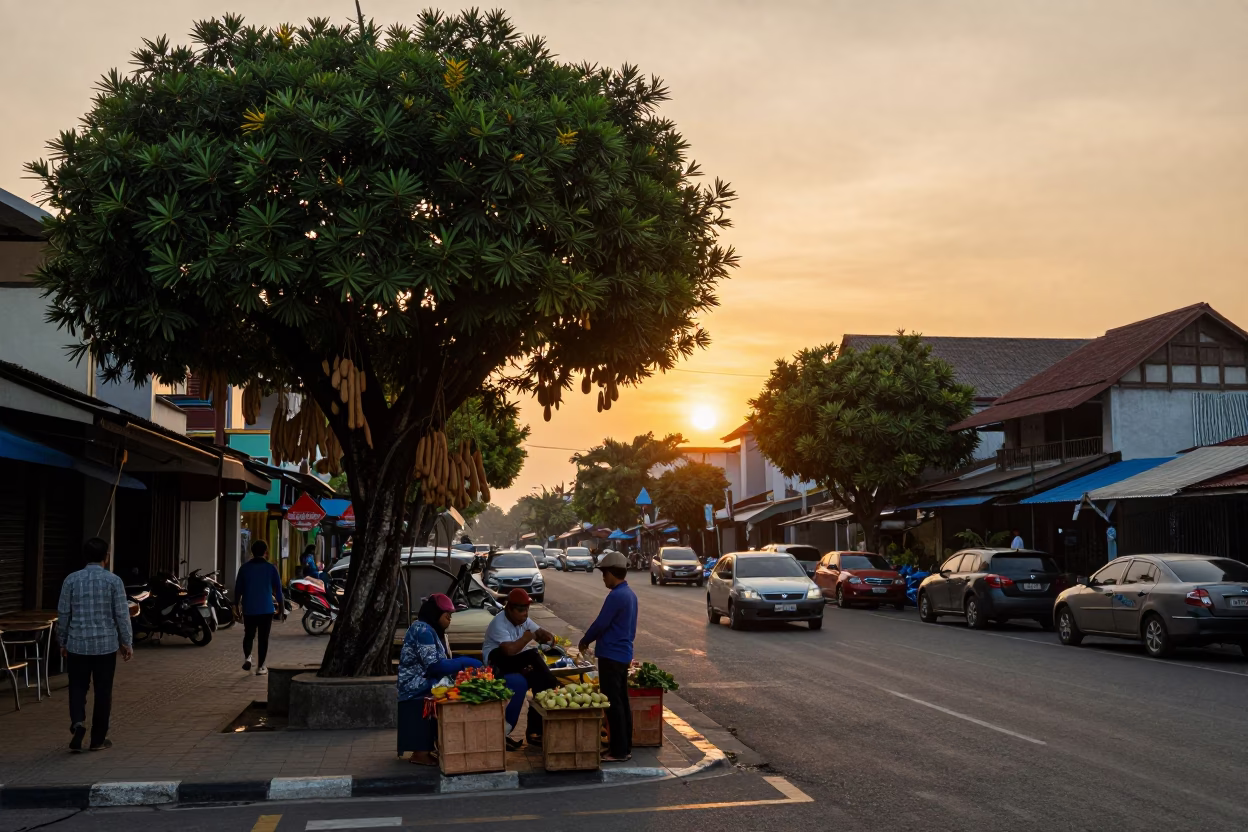 Surabaya Indonesia Sunset Street Scene with Tamarind Tree and Local Life in in Surabaya, Indonesia