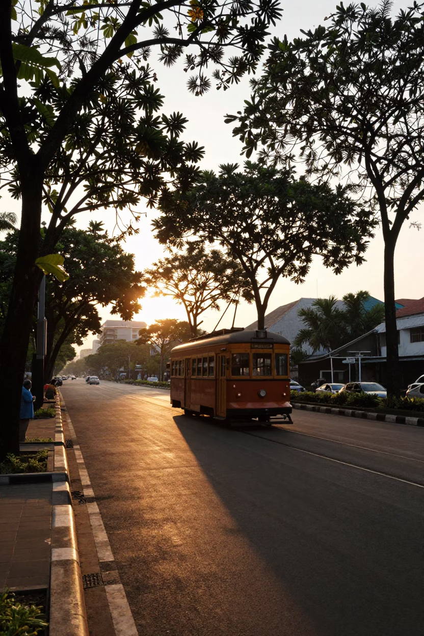 Surabaya Indonesia Sunset Street Scene with Tramcar on Tree-Lined Boulevard in in Surabaya, Indonesia