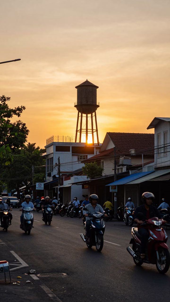 Surabaya Indonesia Sunset Street Scene with Water Tower and Local Market Activity in in Surabaya, Indonesia