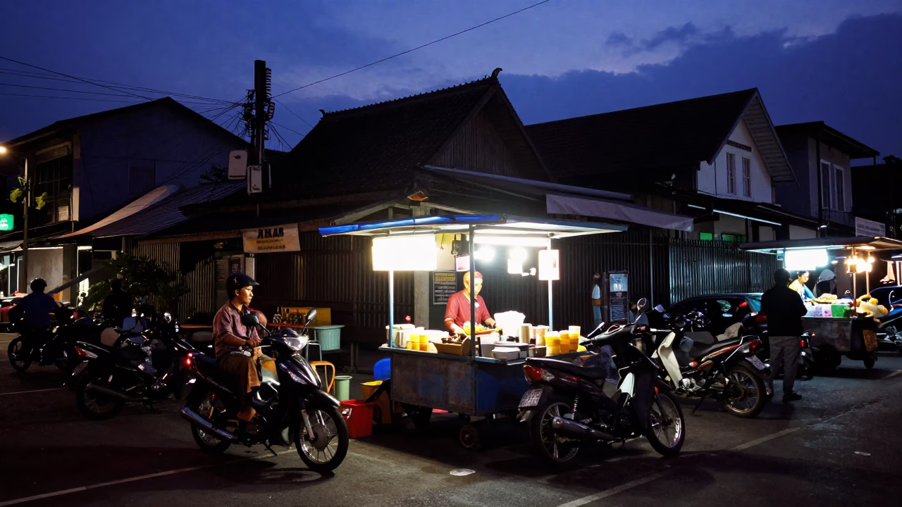 Surabaya Indonesia Twilight Street Scene with Motorbikes and Street Food Vendor in in Surabaya, Indonesia