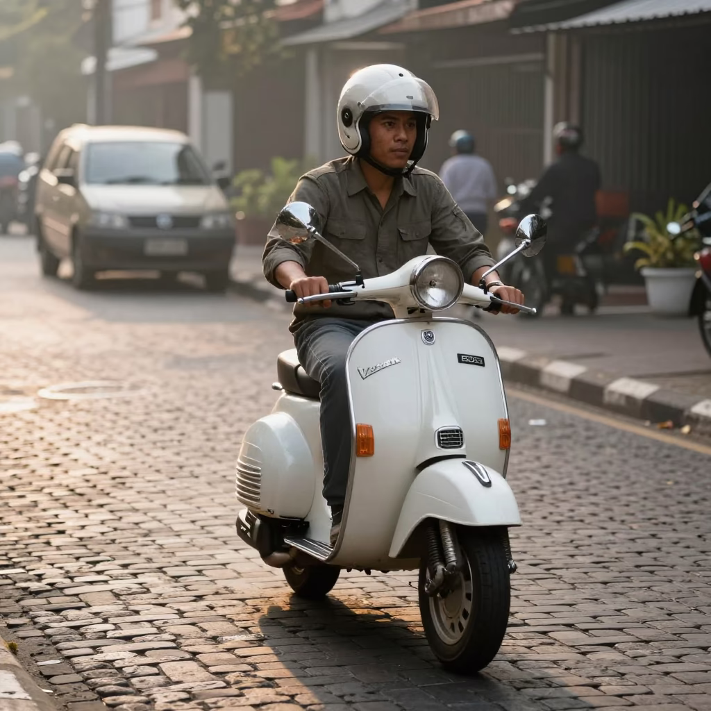 Surabaya Indonesia Vintage Vespa Cobblestone Street Morning Commute in in Surabaya, Indonesia
