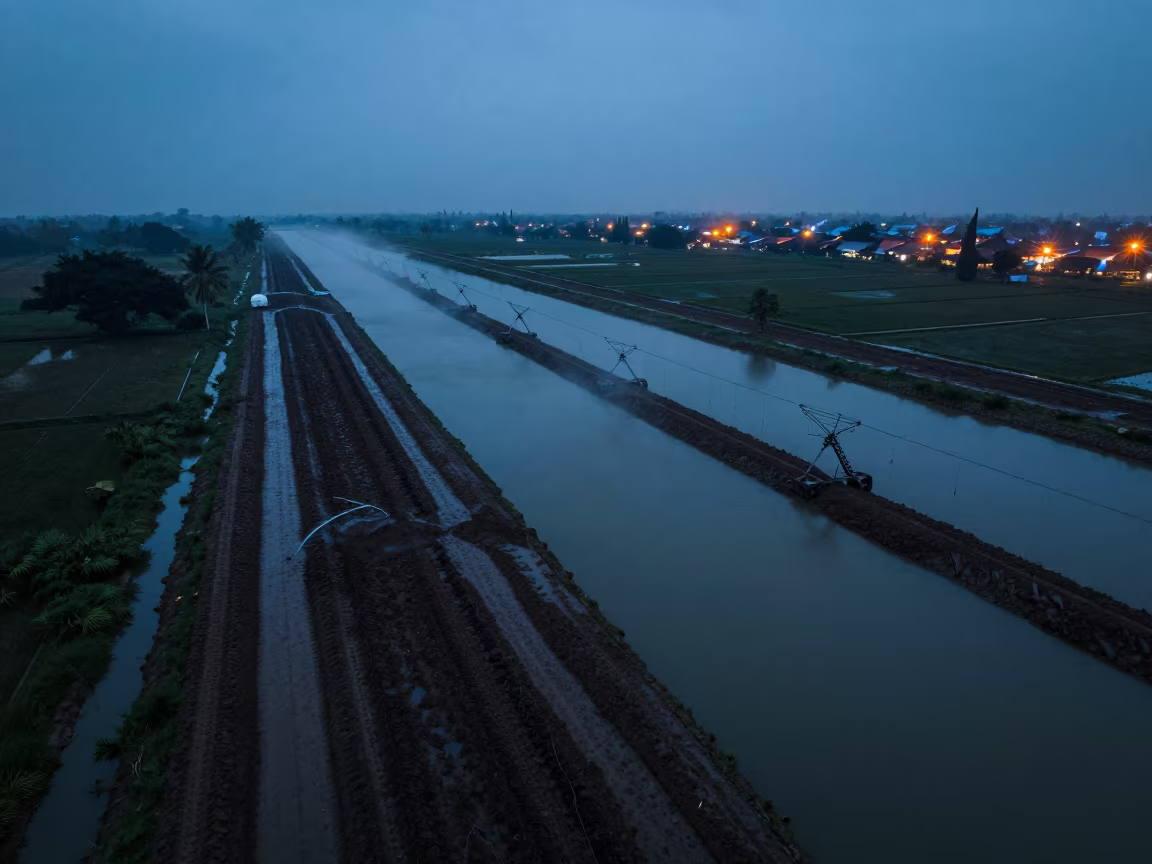 Surabaya Irrigation Canals Blue Hour Drone View in beside a tractor track through dark soil in Surabaya