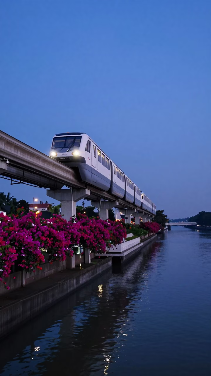 Surabaya Monorail Gliding Over River at Blue Hour with Bougainvillea in in Surabaya, Indonesia