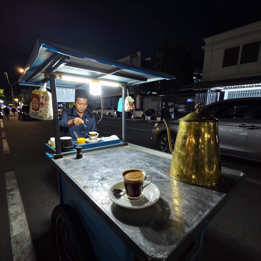 Surabaya Night Street Scene with Coffee Cup and Brass Details in in Surabaya, Indonesia