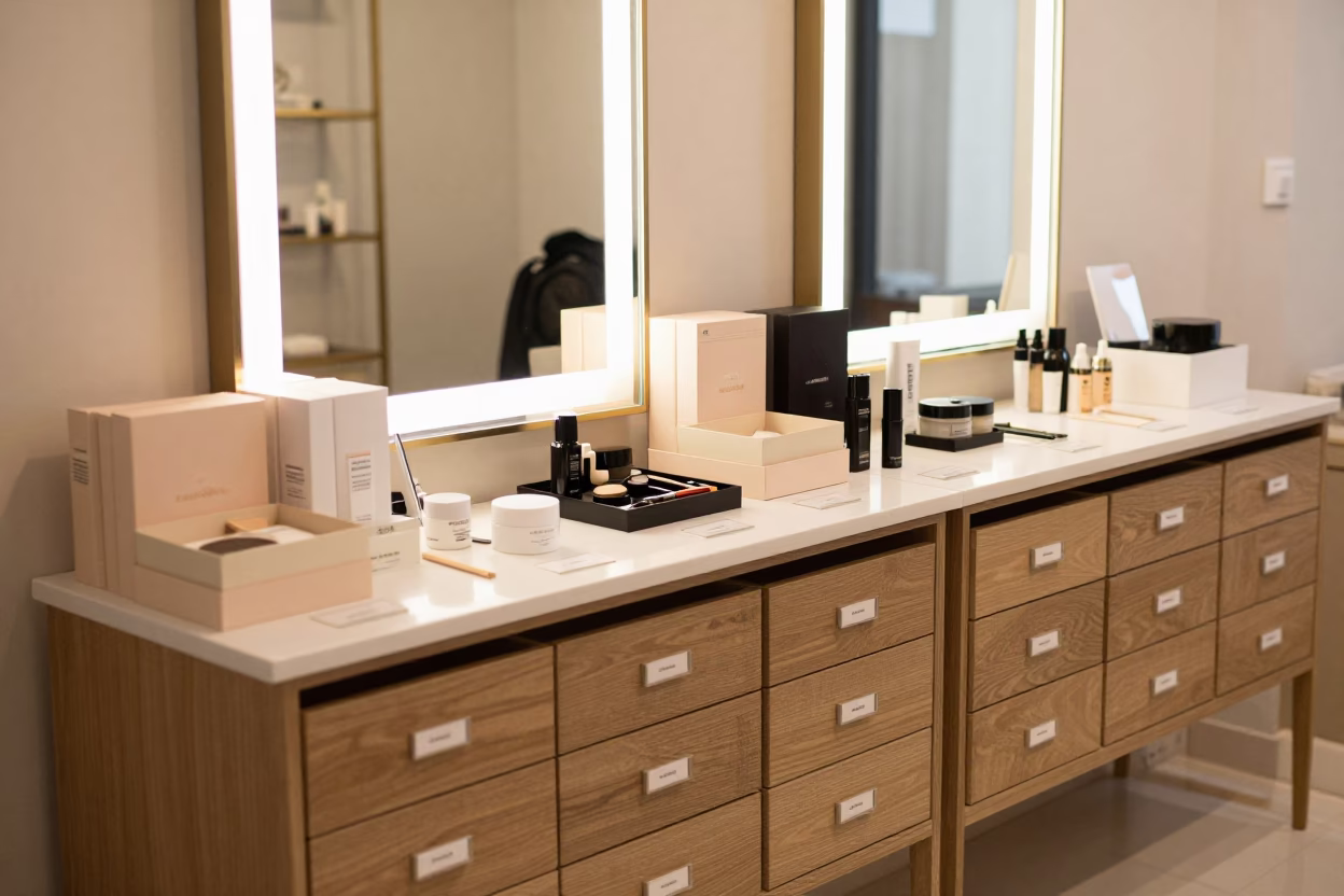 Surabaya Salon Skincare Counter Evening Light in at a salon reception counter in Surabaya