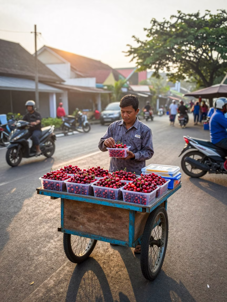 Surabaya street food vendor serving colorful cherries at sunrise in in Surabaya, Indonesia
