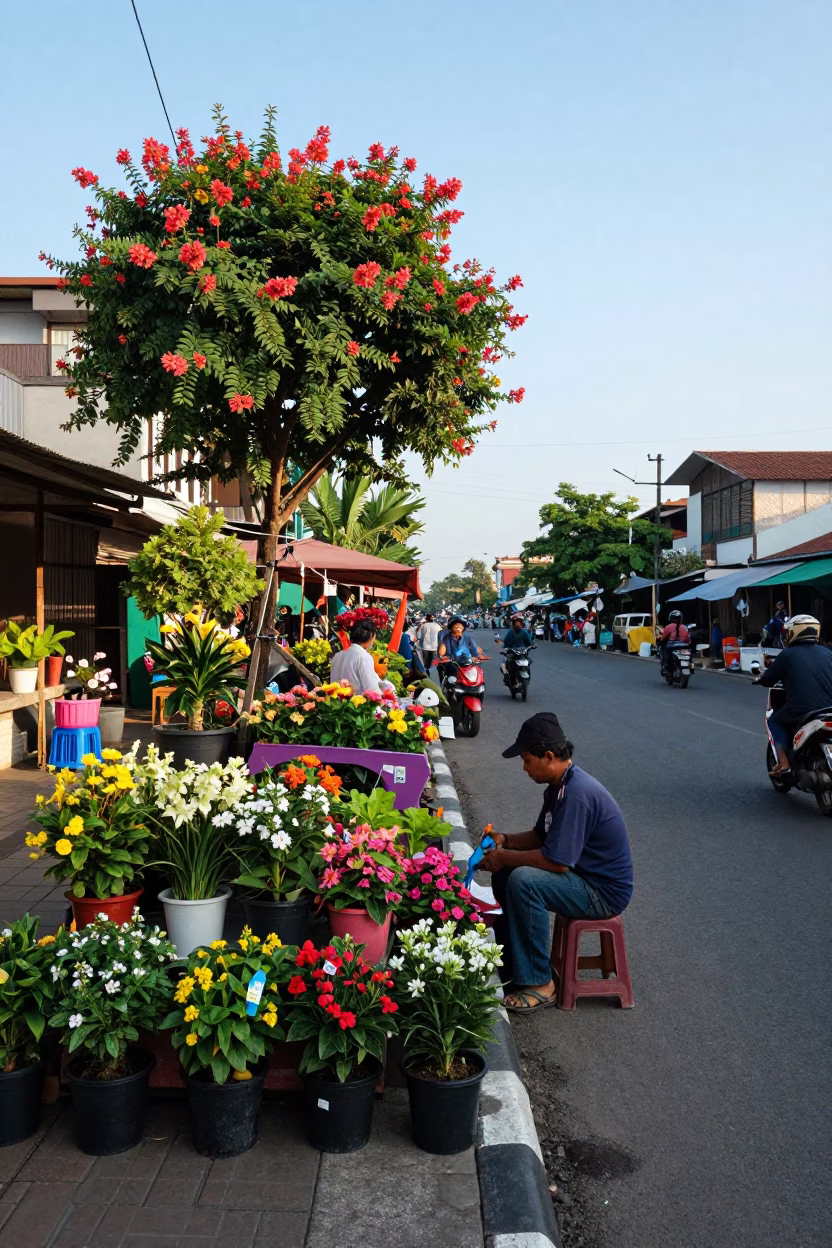 Surabaya Street Scene with Flowering Plants and Local Market Activity in Late Afternoon Light in in Surabaya, Indonesia