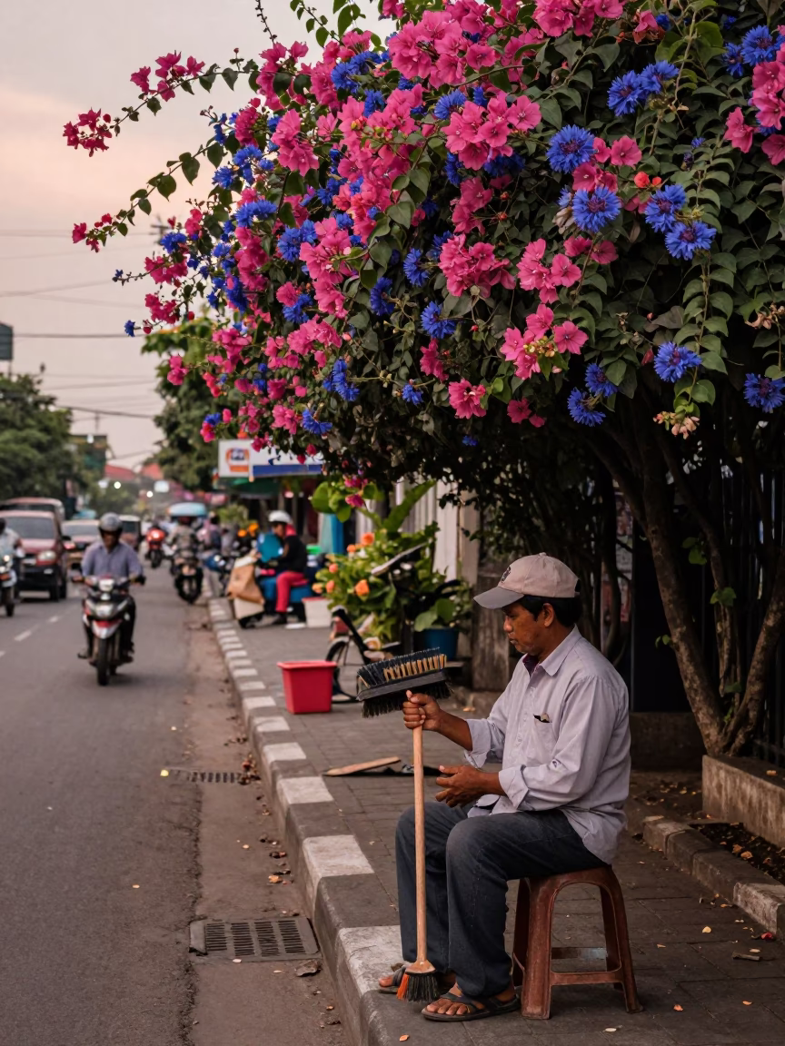 Surabaya Street Scene with Shoe Brush and Plumbago Hedge in Copper Dusk Light in in Surabaya, Indonesia