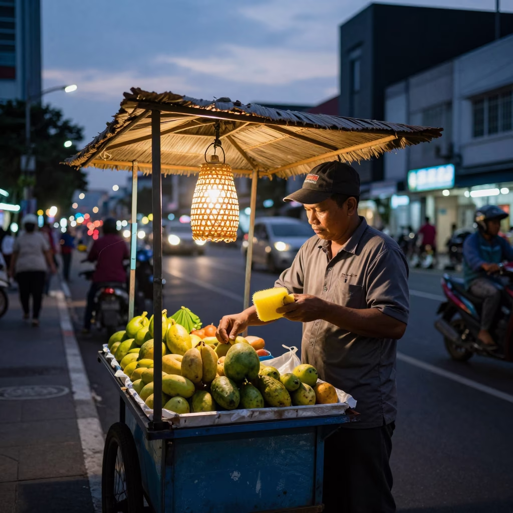Surabaya street vendor at dusk with woven cane light and bath sponge in in Surabaya, Indonesia