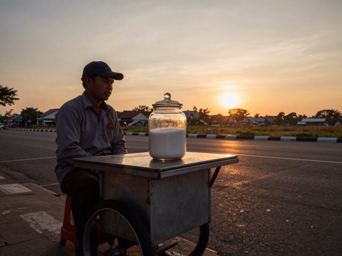 Surabaya Street Vendor Evening Meal with Glass Sugar Jar and Hydrangeas in in Surabaya, Indonesia