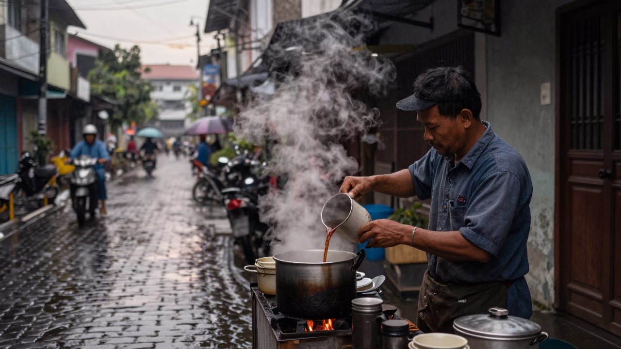 Surabaya Street Vendor First Light After Rain with Steam and Tools in in Surabaya, Indonesia