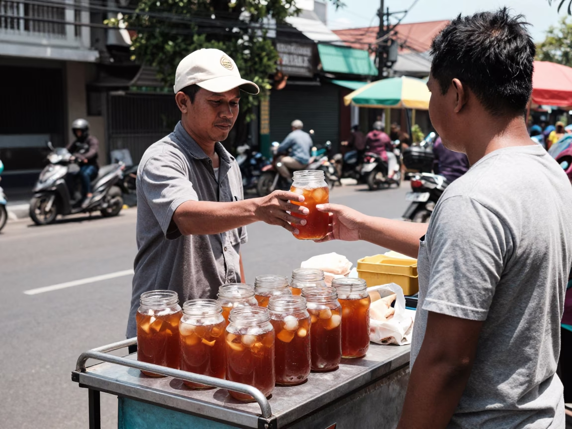 Surabaya street vendor midday sales with jar of drinks and bruschetta snack in in Surabaya, Indonesia