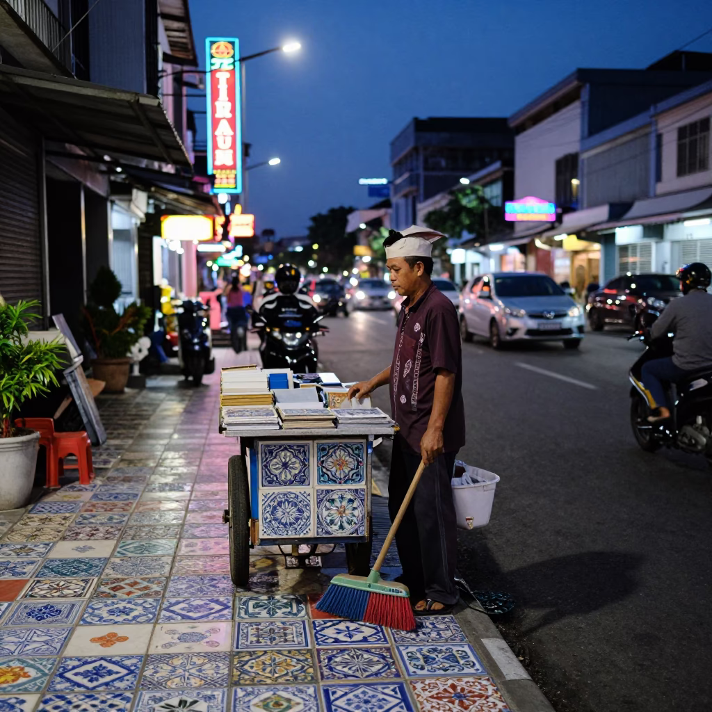 Surabaya street vendor night scene with ceramic tiles and hand broom in in Surabaya, Indonesia