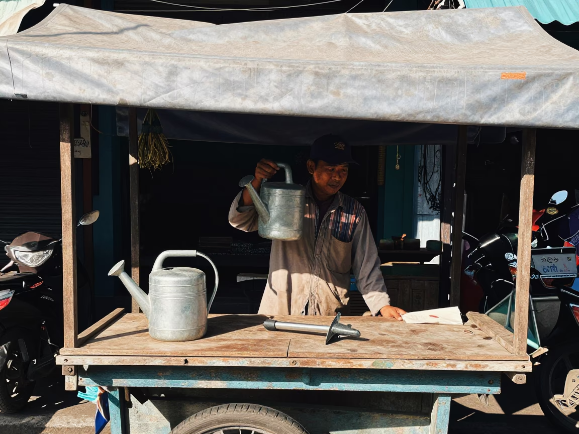 Surabaya street vendor noon light with watering jug and boot scraper in in Surabaya, Indonesia