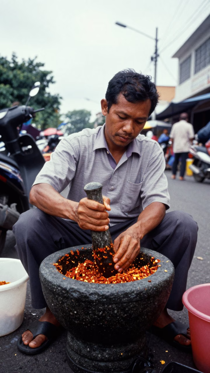 Surabaya street vendor preparing spicy sambal with mortar and pestle in in Surabaya, Indonesia