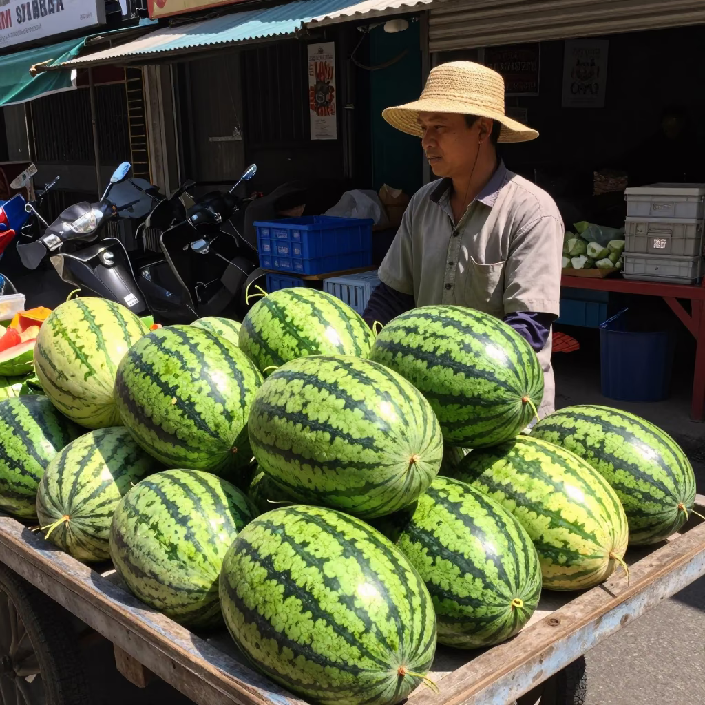 Surabaya street vendor selling fresh melons under harsh noon sun in Indonesia in in Surabaya, Indonesia
