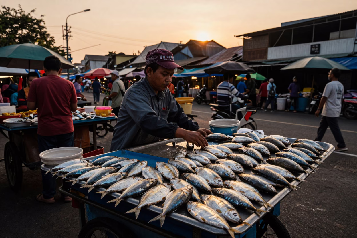 Surabaya street vendor selling sardines at sunset in Indonesia in in Surabaya, Indonesia