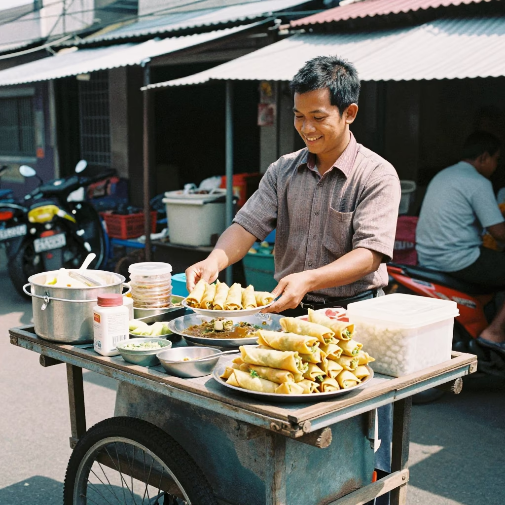 Surabaya Street Vendor Serving Fresh Lumpia Spring Rolls in Bright Midmorning Light in in Surabaya, Indonesia