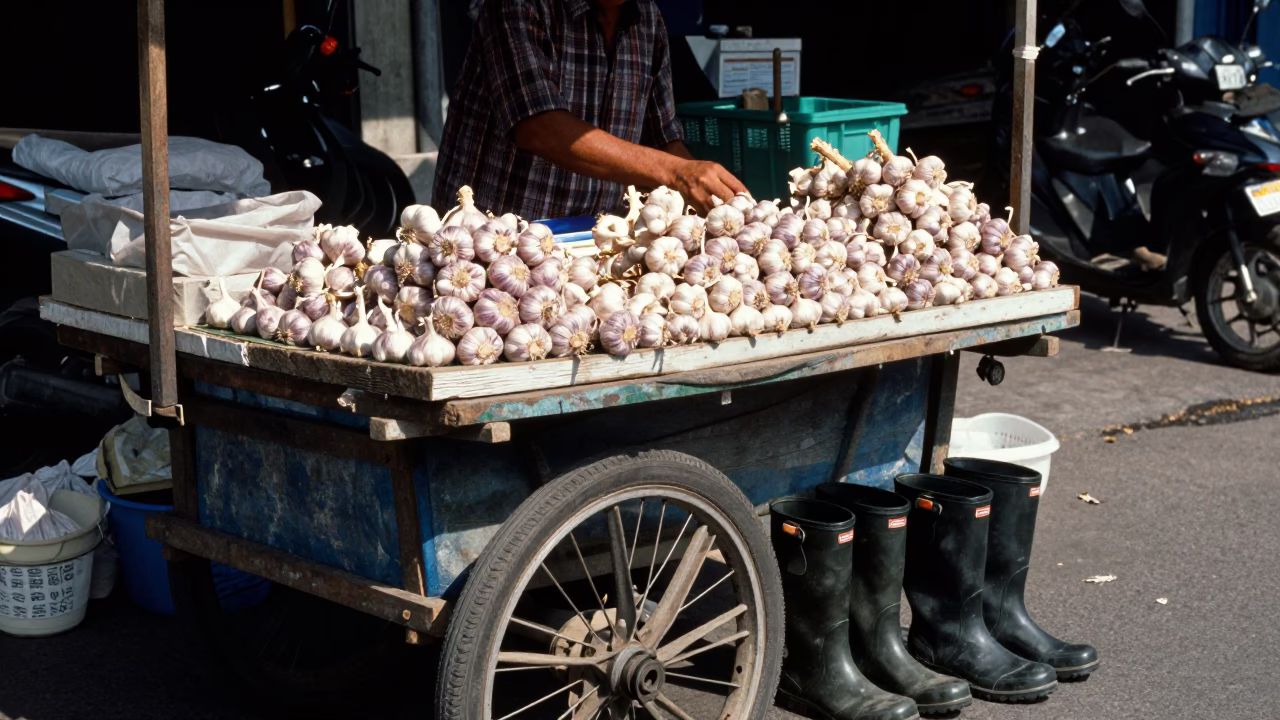 Surabaya street vendor stall with garlic and rain boots in in Surabaya, Indonesia