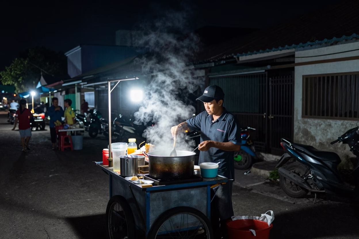 Surabaya Vendor Cooking at The Deepest Night Sky Light in in Surabaya, Indonesia