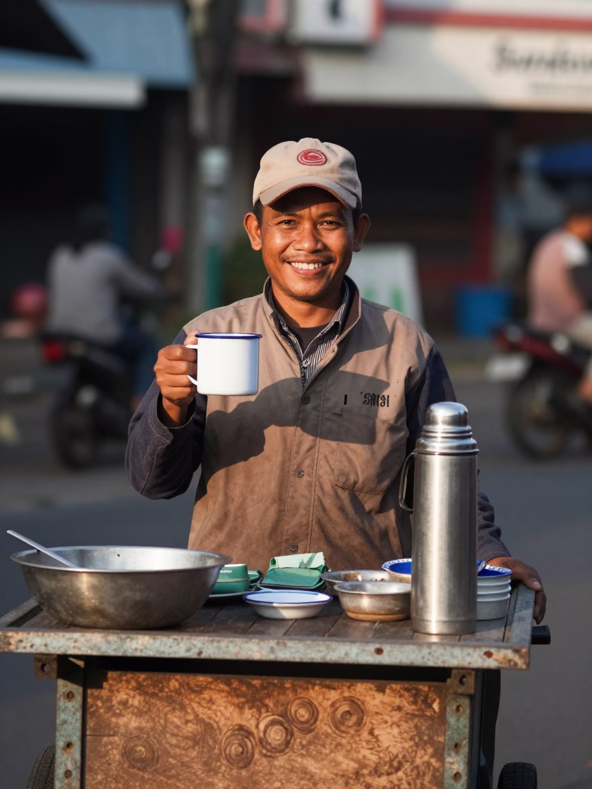 Surabaya Vendor Smiles at As First Light Reaches The Scene in in Surabaya, Indonesia
