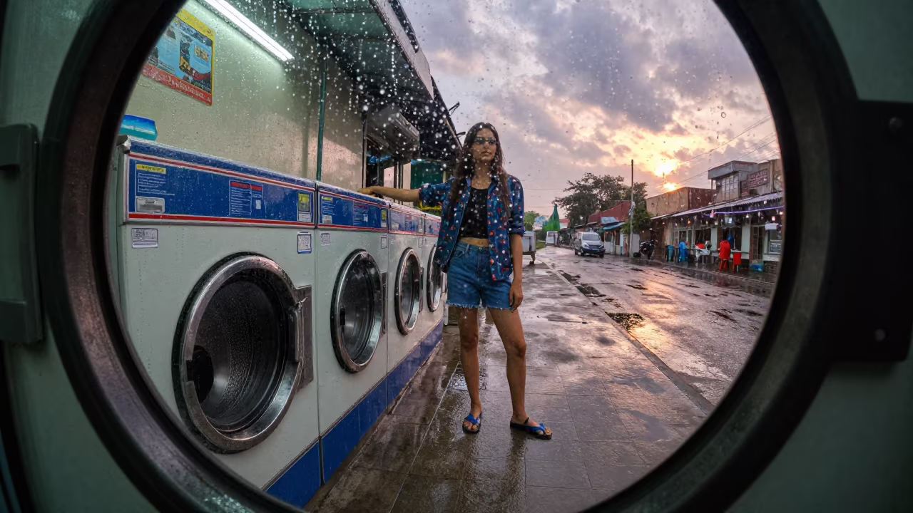Surat Laundromat Window Fashion Rain in on a rain-darkened city sidewalk in Surat