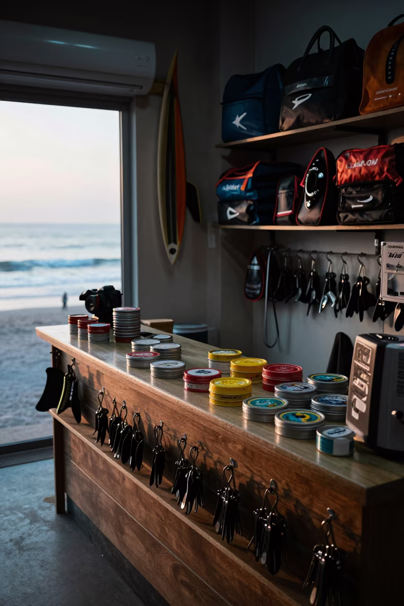 Surat Surf Shop Counter Early Morning Light in at a cash wrap counter with bags stacked nearby in Surat