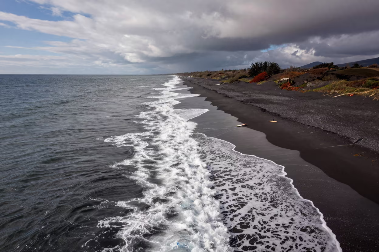 Surf Lines Strike Black Sand Coast France in in France