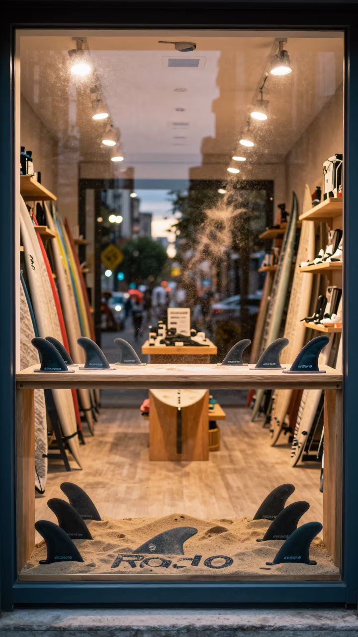 Surf Shop Wax Counter with Fins and Sand in inside a storefront prepared for opening in Parque Rodo, Montevideo