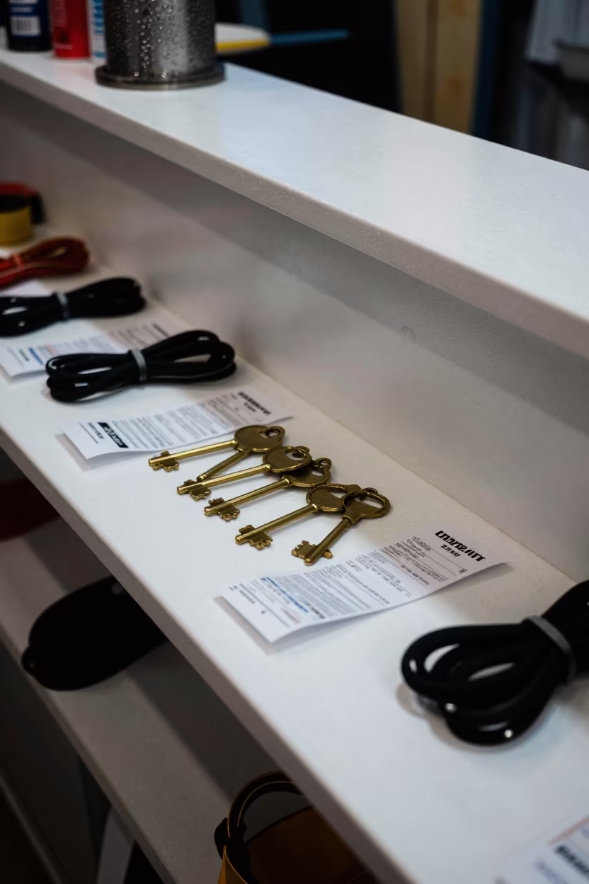 Surf Shop Wax Counter Neon Light Predawn in inside a stockroom behind the sales floor near Hongkou, Shanghai