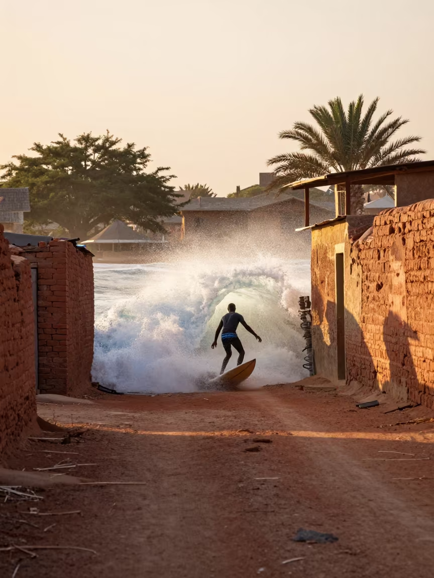 Surfer Barrel Wave Idku Village Lane Golden Hour in in a village lane near Idku