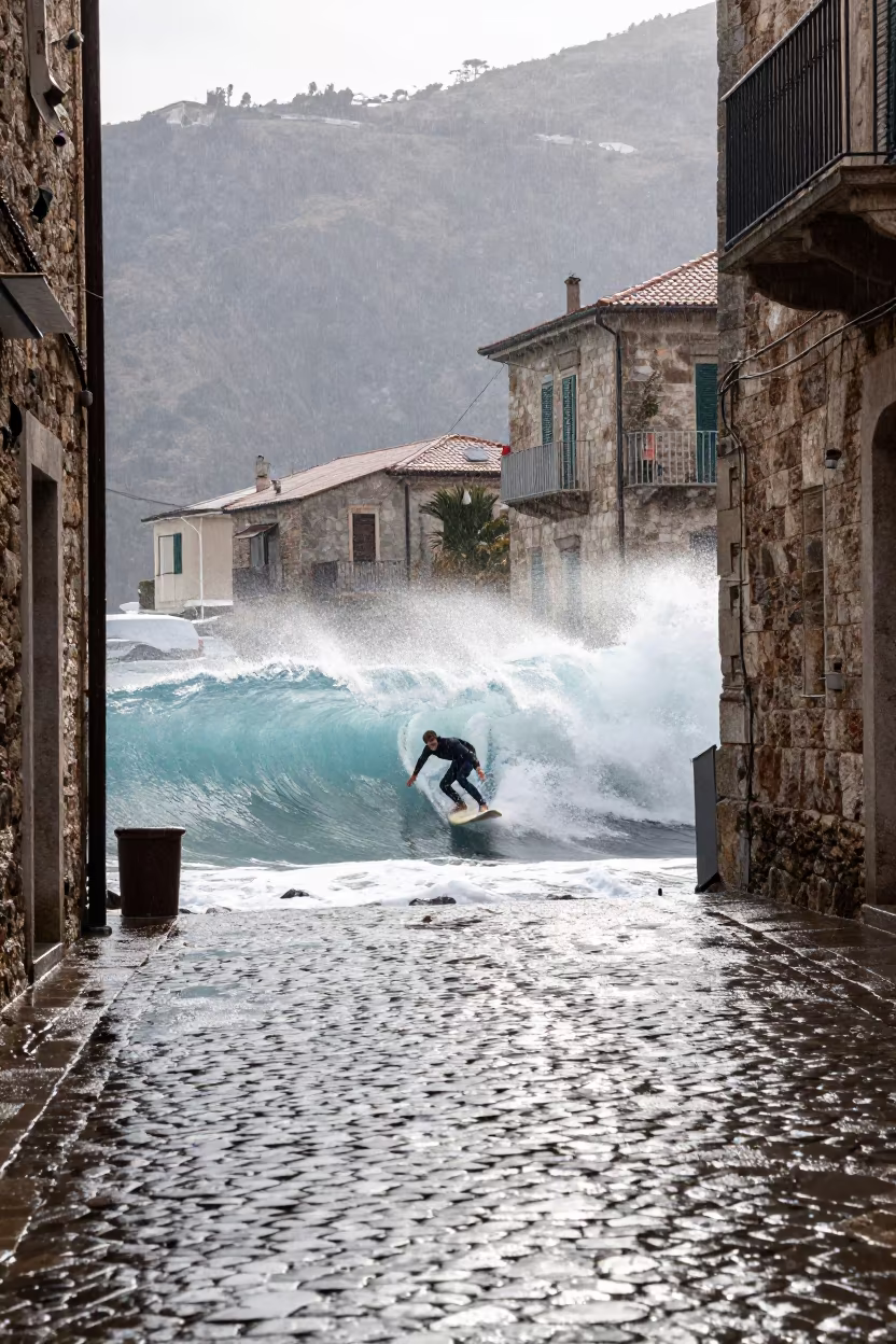 Surfer Barrel Wave in Palermo Village Lane in in a village lane near Palermo