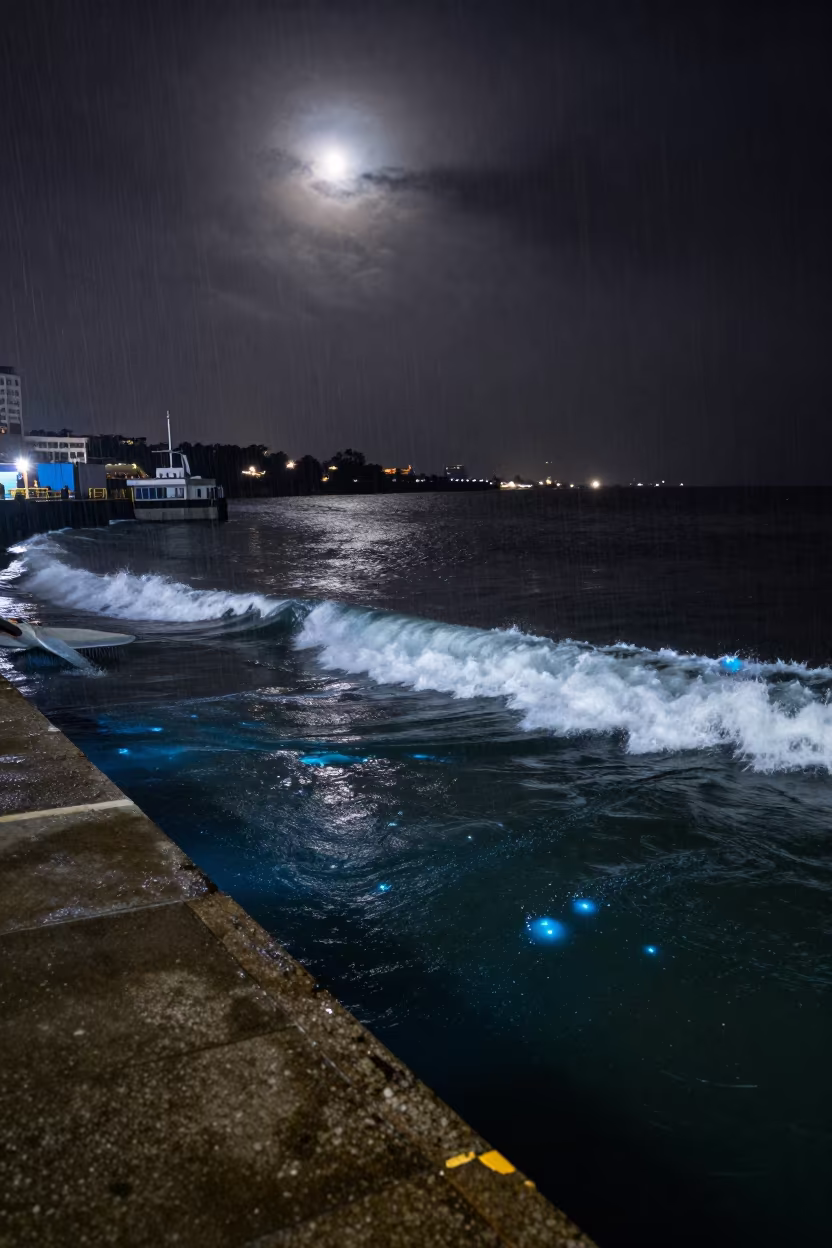 Surfer on Bioluminescent Wave at Pyongyang Harbor in at a harbor quay near Pyongyang