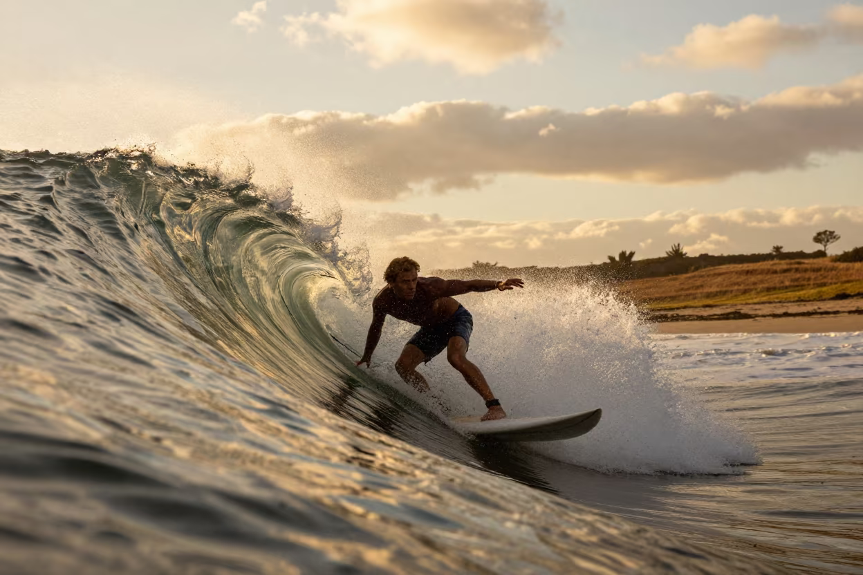 Surfer Bottom Turn Golden Hour Close-Up in near open fields near Aïn Beïda