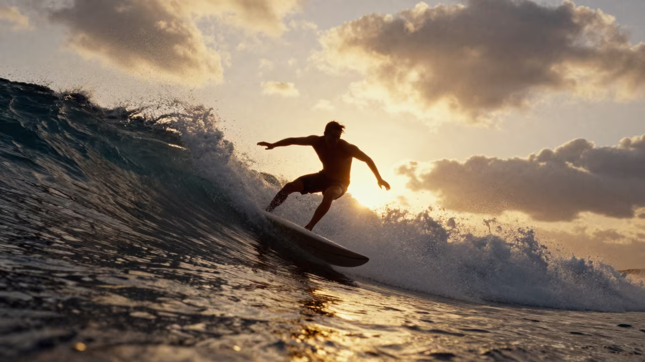 Surfer Bottom Turn at Graz Beach Sunset in along a beach near Graz