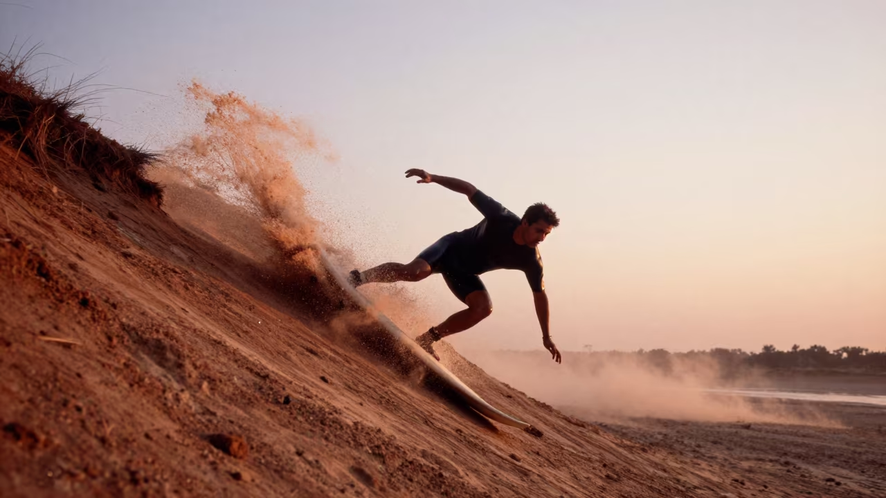 Surfer Bottom Turn on Ujjain Hillside at Sunset in on a hillside near Ujjain