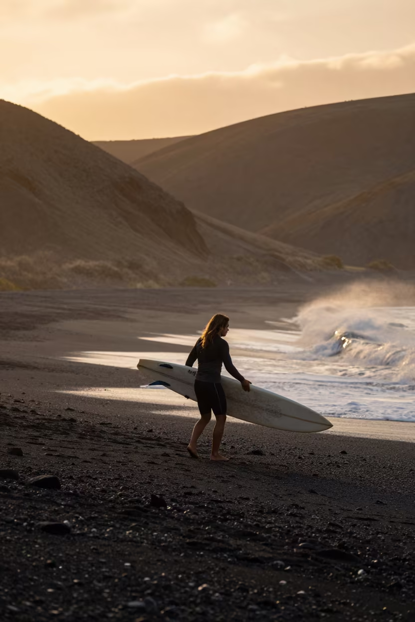 Surfer Carries Longboard Across Black Volcanic Sand in from a ridge above layered foothills in Ecuador