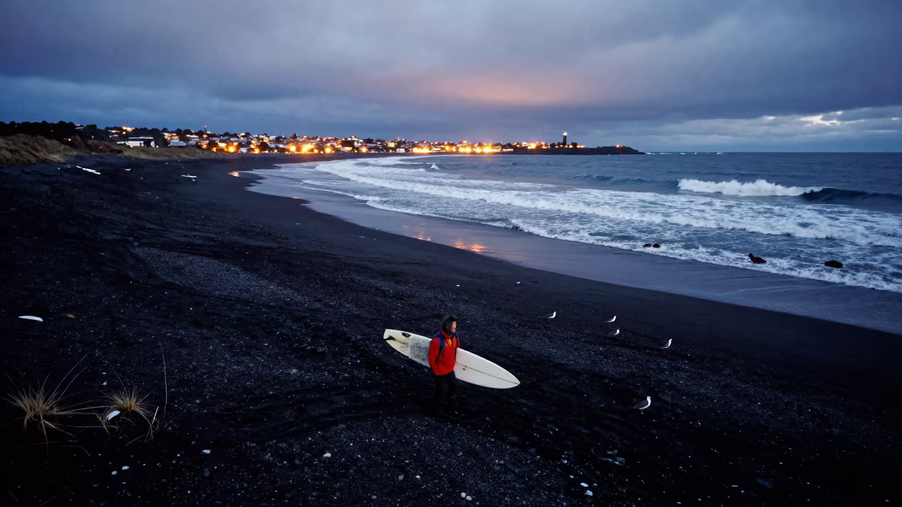 Surfer Carries Longboard Across Patagonian Winter Sand in along a wave-cut shoreline in Patagonia