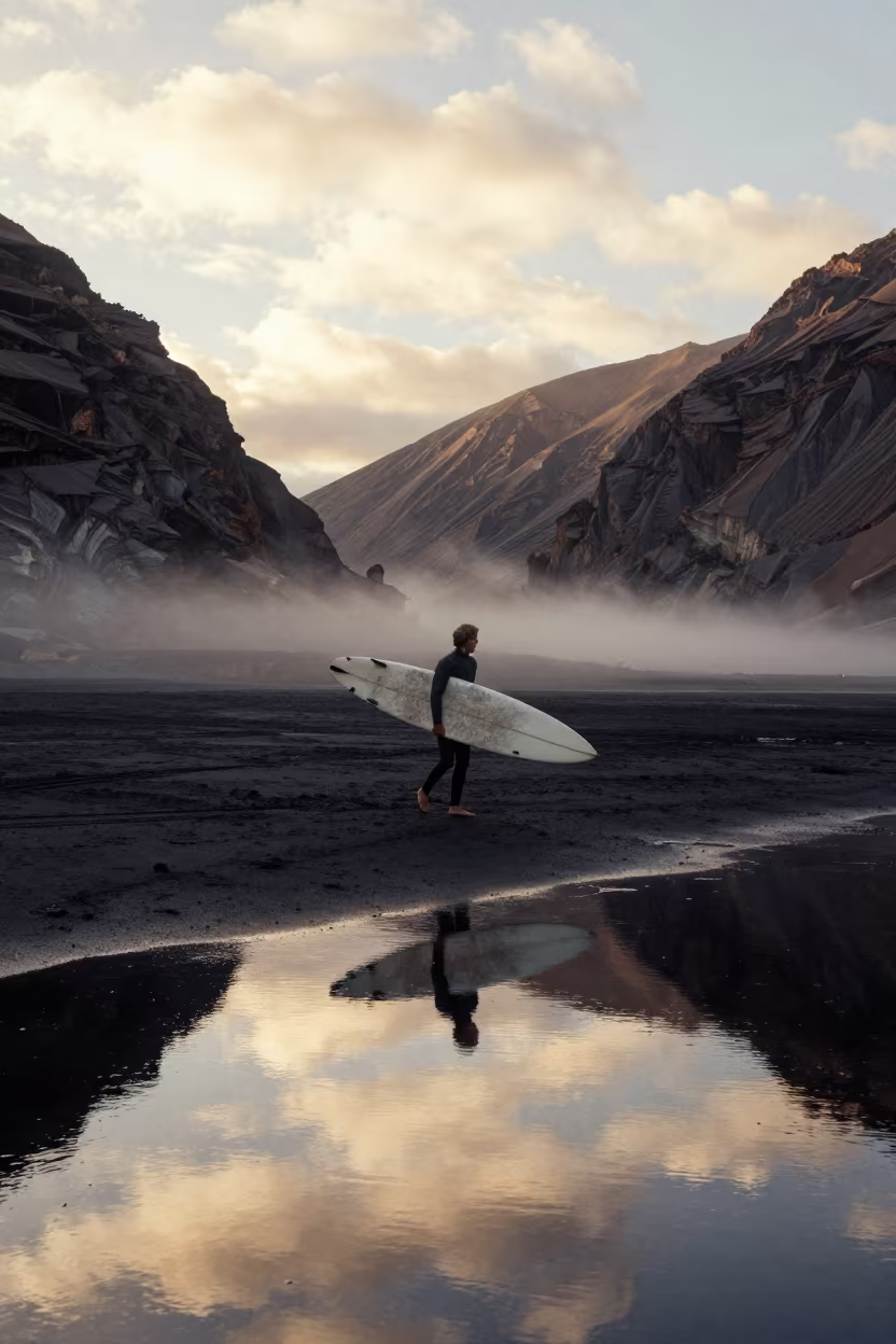 Surfer Carrying Longboard Across Bolivian Volcanic Sand in across a wide valley floor in Bolivia