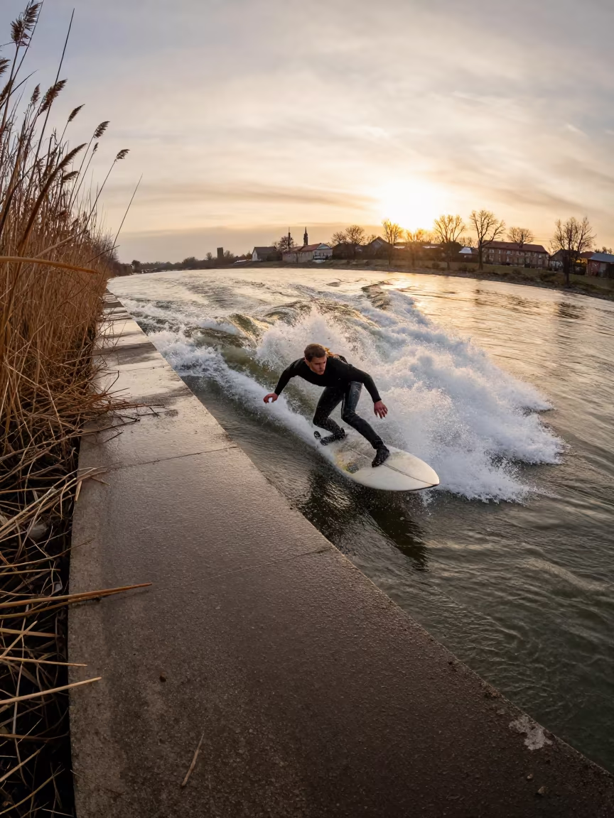 Surfer Carving River Wave Wroclaw Evening in by a riverbank near Wroclaw