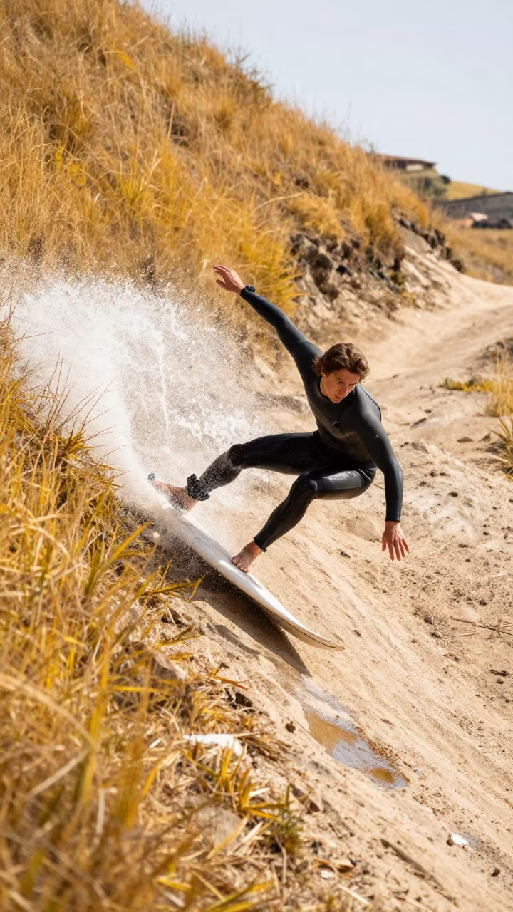 Surfer Carving Wave on Madrid Mountain Path in on a mountain path near Madrid