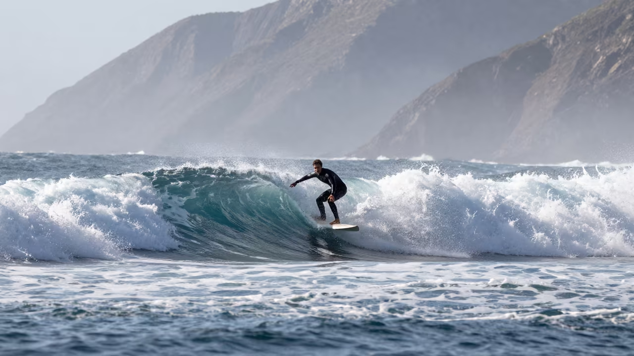 Surfer Dropping Massive Wave Late Afternoon Mist in along a beach near Sokoto
