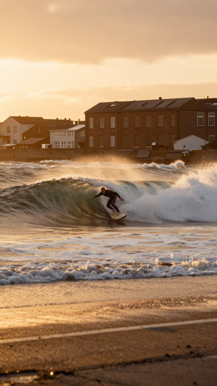 Surfer Drops Wave on Copenhagen Street in at a roadside stop near Meatpacking District, Copenhagen