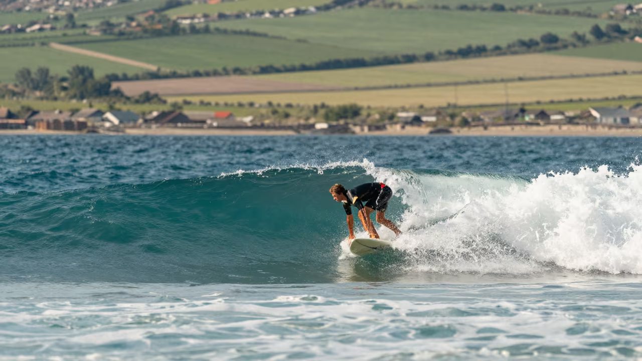 Surfer Duck Diving Under Wave in Late Summer Sun Shower in near open fields near Gölcük