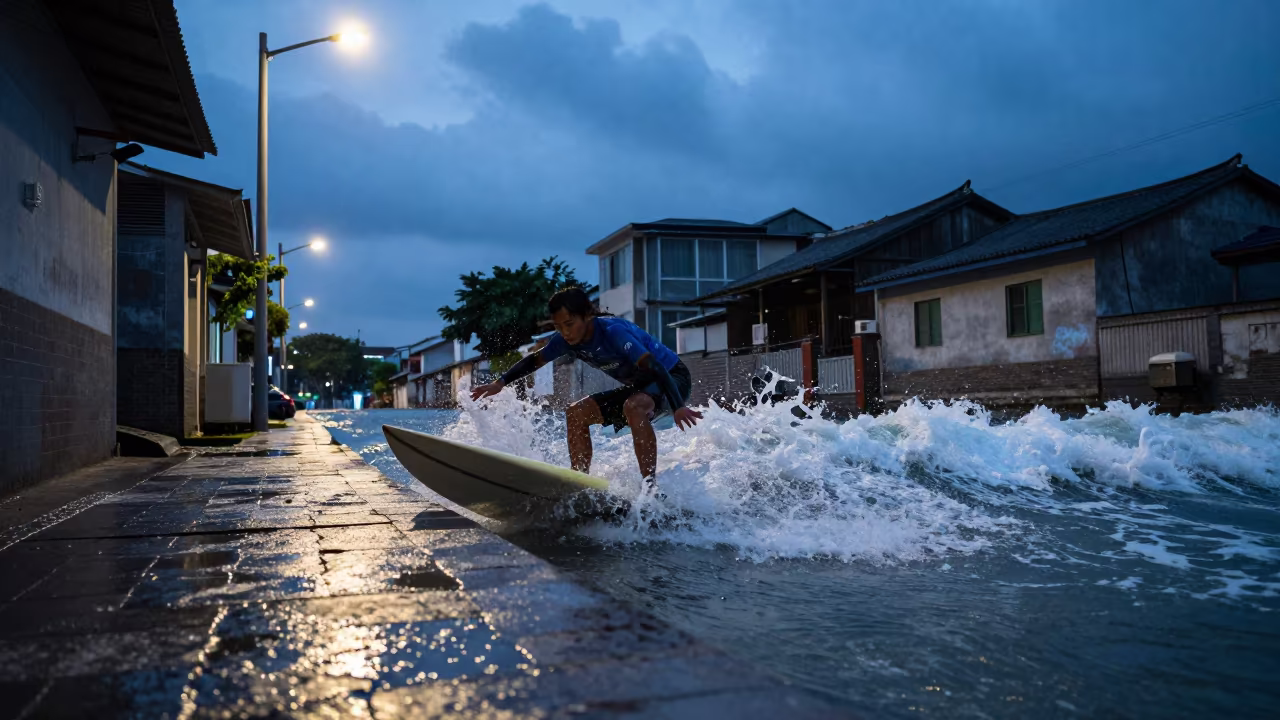 Surfer Duck Diving Under Wave in Guangzhou Lane in in a village lane near Guangzhou
