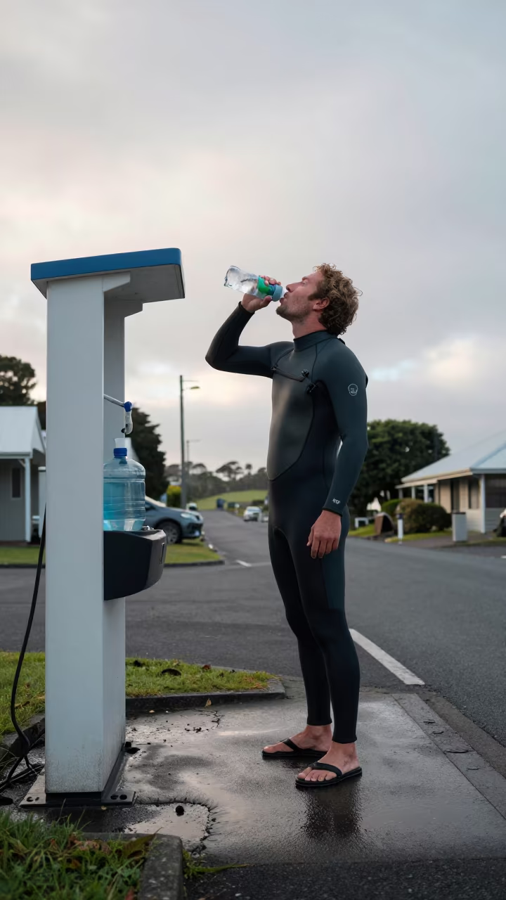 Surfer Hydrating at Dawn in Auckland Harbor Lane in in a village lane near Parnell, Auckland