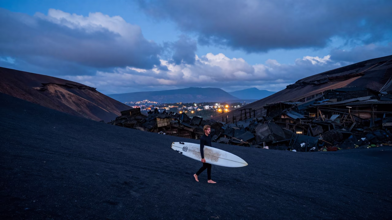 Surfer with Longboard on Valley Floor at Twilight in across a wide valley floor near Patan, Kathmandu