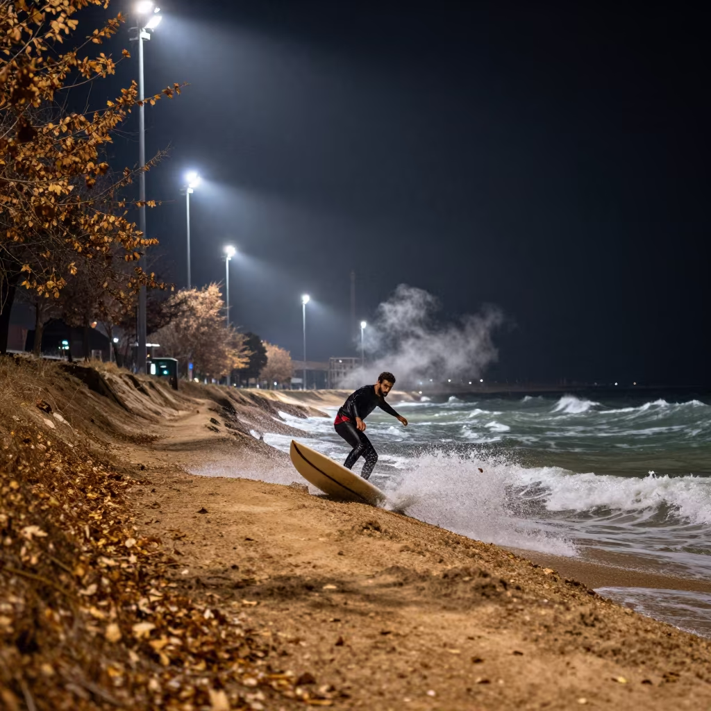 Surfer on Mountain Path Under Floodlights in on a mountain path near Qamishli