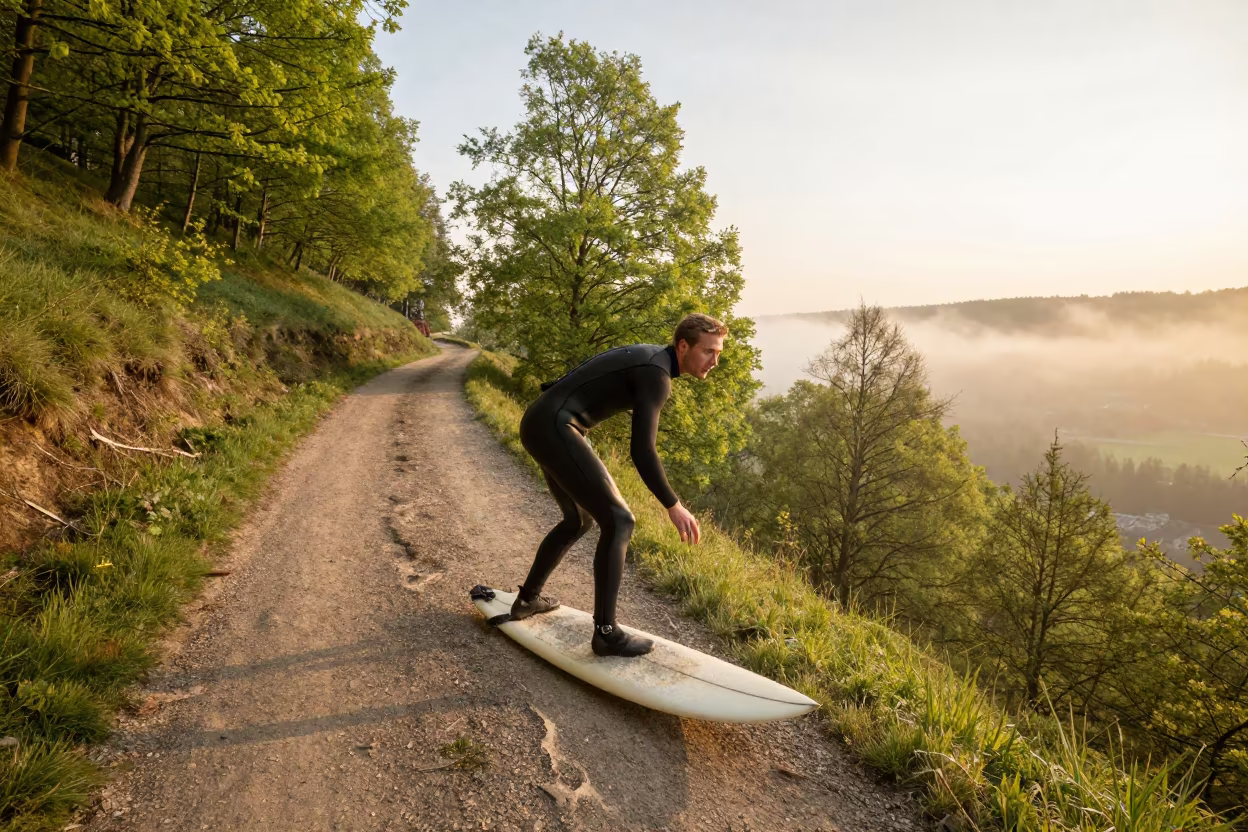Surfer on Mountain Path at Golden Hour in on a mountain path near Dortmund